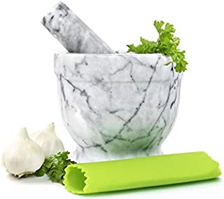 Marble Mortar and Pestle Set - Beautiful Polished White and Grey Veined Marble Mortar and Pestle Set with Garlic Peeler and Anti Scratch, Anti Skid Protective Pad