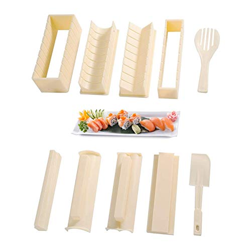 Sushi Making Kit for Beginners Complete Sushi Set 10 Pieces Plastic Sushi Maker Tool with 8 Sushi Roll Mold Shapes DIY Home Sushi Tool Sushi Rolls