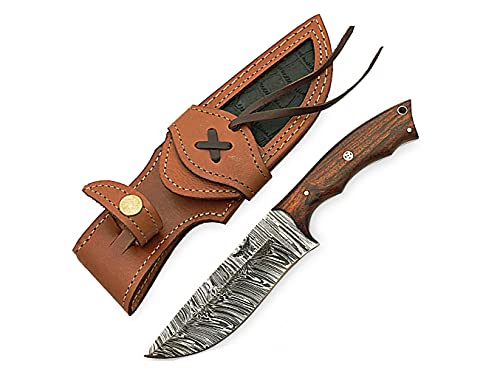 HOMETOWN KNIVES Damascus Knife for Hunting - Fixed Blade Hunting Knife with Sheath - Damascus Steel Knife with Rose Wood Handle - 9.5 Inches Handmade Camping Knife.