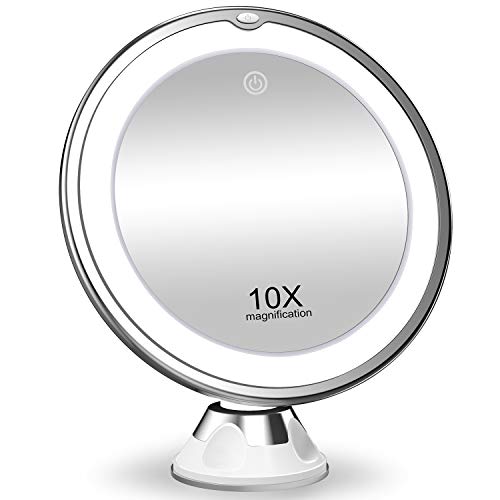 KOOLORBS 10X Magnifying Makeup Mirror with Lights, 3 Color Lighting, Intelligent Switch, 360 Degree Rotation, Powerful Suction Cup, Portable , Good for Tabletop, Bathroom, Traveling