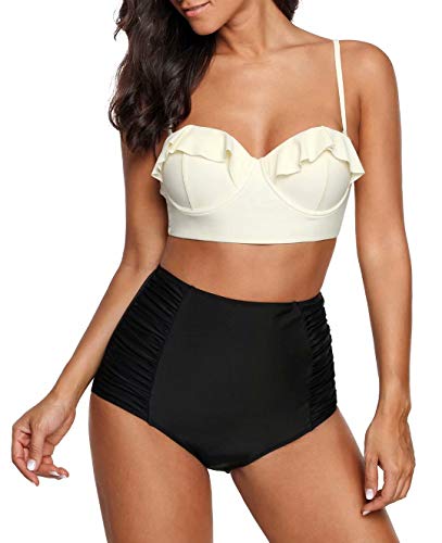 Ruffled Vintage High Waist Bikini Strappy Push Up Beige Black Swimsuit BgTBKB4