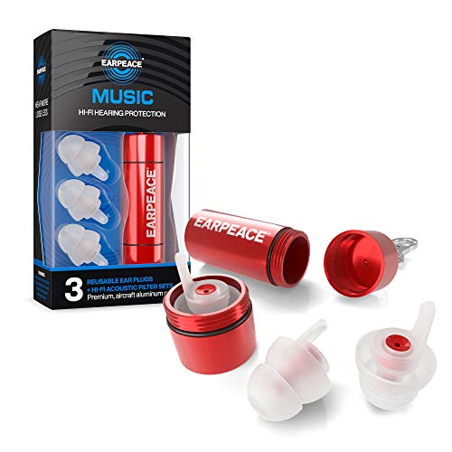 EarPeace Concert Ear Plugs - Reusable High Fidelity Earplugs - Hearing Protection for Music Festivals, DJs, Musicians, Motorcycles, Raves, Work & Airplane Noise Reduction - Small, Red Case