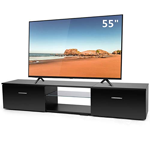 TUSY Black TV Stand for TV Up to 65 Inch, Media Console Entertainment Center Television Table, 2 Storage Cabinet with Open Shelves for Living Room Bedroom