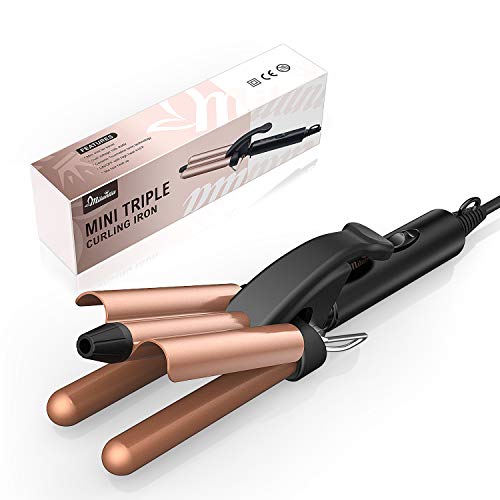 3 Barrel Curling Iron, Milantia 3/4 Inch Mini Travel Curling Wand Hair Waver for Small Curly, Dual Voltage Ceramic Tourmaline 19mm Crimper Hair Iron for Women - Fast Heating, Portable