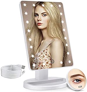 COSMIRROR Lighted Makeup Vanity Mirror with 10X Magnifying Mirror, 21 LED Lighted Mirror with Touch Sensor Dimming, 180°Adjustable Rotation, Dual Power Supply, Portable Cosmetic Mirror (White)