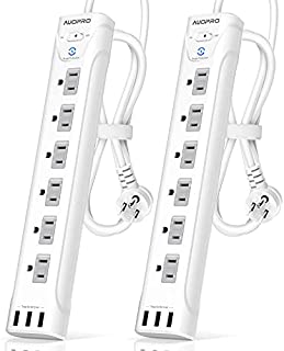 Power Strip Surge Protector 2 Pack - 6 Outlet Power Strip with USB(3 x 2.4A ), Flat Plug Extension Cord with Multiple Outlets, Mountable, 1200 Joules, 5 ft, Slide-to-Close Outlet Covers, White