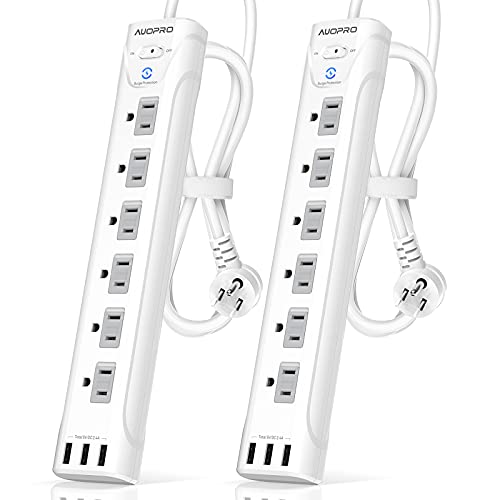 Power Strip Surge Protector 2 Pack - 6 Outlet Power Strip with USB(3 x 2.4A ), Flat Plug Extension Cord with Multiple Outlets, Mountable, 1200 Joules, 5 ft, Slide-to-Close Outlet Covers, White