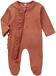 Kuriozud Newborn Baby Girl Boy Zipper Sleeper Ruffle Footed Romper One Piece Clothes (Orange Zipper Footie, 0-3 Months)