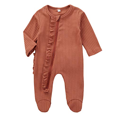 Kuriozud Newborn Baby Girl Boy Zipper Sleeper Ruffle Footed Romper One Piece Clothes (Orange Zipper Footie, 0-3 Months)