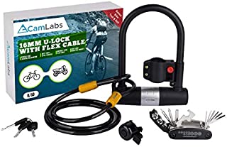 CamLabs - U Lock Bike Lock | Key Lock Bike Lock with Anti Theft Cable | Kit Includes Multi Bike Tool Set & Bike Bell Accessories | Heavy Duty Hardened Steel Chain Lock | Motorcycle & Bicycle Lock