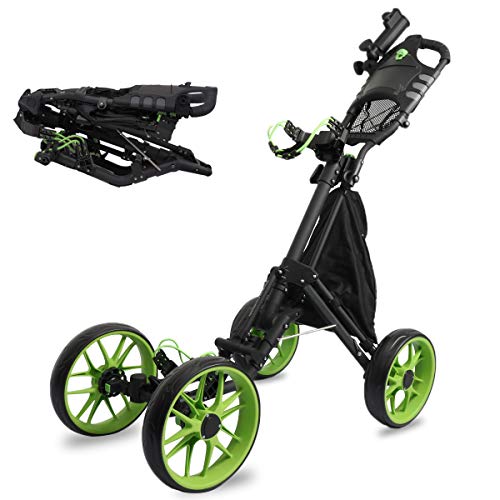 4 Wheel Golf Push Pull Cart, One Click Folding Compact Golf Push Cart with Umbrella Stand, Foot Brake, Cup Holder, Adjustable Handle, Storage Bag, Scorecard Holder Space for Golf Bags, Free Umbrella