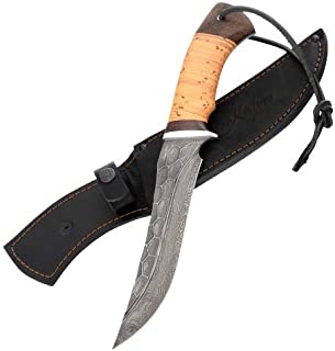 Hunting Knife - Damascus Steel Knife - Stone Pattern w/Fullers - Birchbark Handle - Force - Leather Sheath