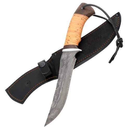 Hunting Knife - Damascus Steel Knife - Stone Pattern w/Fullers - Birchbark Handle - Force - Leather Sheath