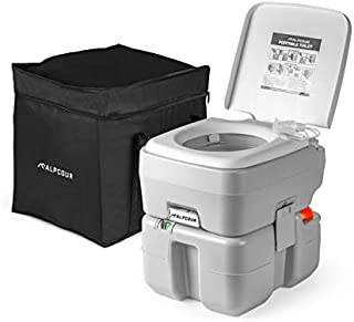 Alpcour Portable Toilet  Compact Indoor & Outdoor Commode w/Travel Bag for Camping, RV, Boat & More  Piston Pump Flush, 5.3 Gallon Waste Tank, Built-In Pour Spout & Washing Sprayer for Easy Cleaning