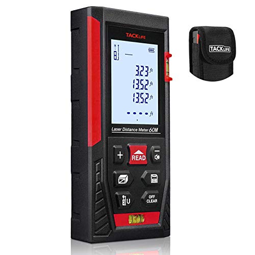 Tacklife HD60 Classic Laser Measure 196Ft M/In/Ft Mute Laser Distance Meter with 2 Bubble Levels, Backlit LCD and Pythagorean Mode, Measure Distance, Area and Volume - Carry Pouch and Battery Included