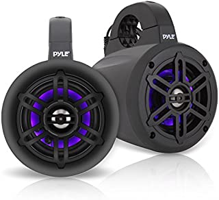 Waterproof Marine Wakeboard Tower Speakers - 4 Inch Dual Subwoofer Speaker Set w/ 300 Max Power Output - Boat Audio System w/Built-in LED Lights - Mounting Clamps Included - Pyle PLMRLEWB46B (Black)