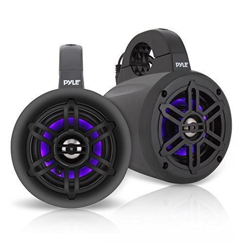 Waterproof Marine Wakeboard Tower Speakers - 4 Inch Dual Subwoofer Speaker Set w/ 300 Max Power Output - Boat Audio System w/Built-in LED Lights - Mounting Clamps Included - Pyle PLMRLEWB46B (Black)