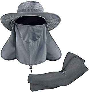 RNFENQS Fishing Hat with Removable Neck Flap Wide Brim UPF 50+ UV Sun Protection Cap and Cooling Arm Sleeves for Men Women Outdoor Sports Dark Grey