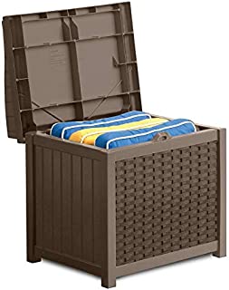 Suncast 22-Gallon Small Deck Box - Lightweight Resin Indoor/Outdoor Storage Container and Seat for Patio Cushions, Gardening Tools and Toys - Store Items on Patio, Garage, Yard - Mocha Wicker