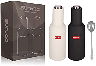 Sunbag Electric Gravity Salt and Pepper Grinder,Fashion Bottle Style,Battery Operated Automatic Salt and Pepper Mill with Adjustable Coarseness,One Handed Operation,Stainless steel spoon(white&grey)