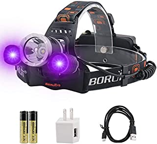 BORUiT RJ-3000 LED Black Light Headlamp - 5000 Lumens Rechargeable Blacklight Headlight,-Detect Fake Money/Jewelry - Pet Urine & Stain Detector-Fishing Light