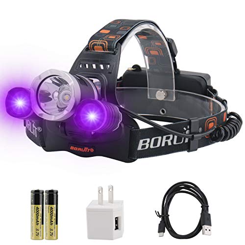 BORUiT RJ-3000 LED Black Light Headlamp - 5000 Lumens Rechargeable Blacklight Headlight,-Detect Fake Money/Jewelry - Pet Urine & Stain Detector-Fishing Light