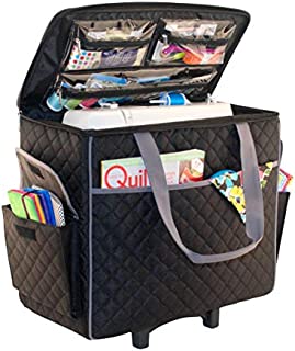 Everything Mary Sewing Machine Rolling Carrying Case, Black Quilted - Trolley Bag with Wheels for Brother, Bernina, Singer & Most Machines - Wheeled Tote Carrier for Notions & Crafts