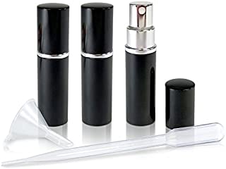 Refillable Perfume & Cologne Fine Mist Atomizers with Metallic Exterior & Glass Interior - 5ml Portable Travel Size - 3ml Squeeze Transfer Pipette Included (3 Pack, Black)