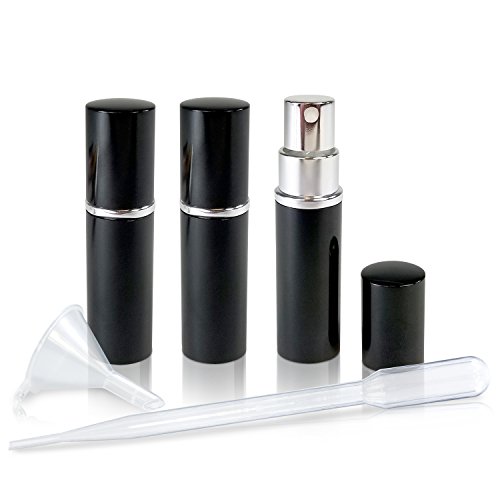 Refillable Perfume & Cologne Fine Mist Atomizers with Metallic Exterior & Glass Interior - 5ml Portable Travel Size - 3ml Squeeze Transfer Pipette Included (3 Pack, Black)