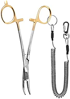 SAMSFX Fishing Hemostat Pliers Curved Forceps Locking Clamps Hook Remover Tool, Gold Loops Tweezers with Coiled Lanyard