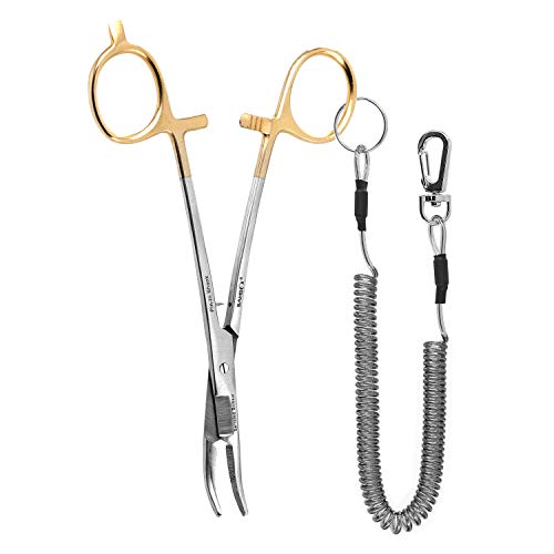 SAMSFX Fishing Hemostat Pliers Curved Forceps Locking Clamps Hook Remover Tool, Gold Loops Tweezers with Coiled Lanyard