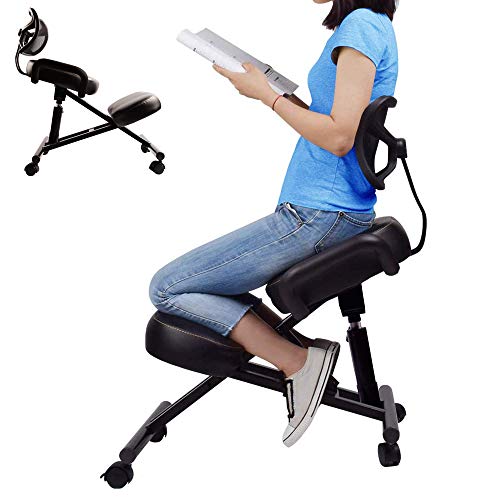 Ergonomic Kneeling Chair with Back Support. Adjustable Stool for Better Posture in Home and Office. Relieving Bad Back, Neck Pain & Spine Tension - Thick Comfortable Cushions, Black