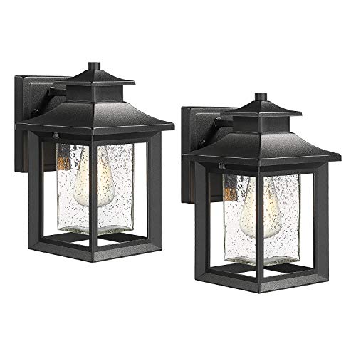 Outdoor Wall Sconce Twin Pack-11.8' Height Black Wall Light Fixtures Mount lamp, KAUEN Black Waterproof Wall Lantern with Clear Seeded Glass Shade, Ideal for Garage, Doorway, Entryway