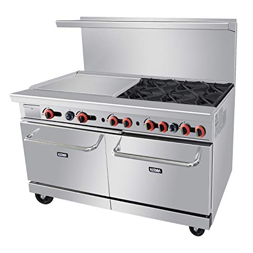 Commercial Gas Range, 6 Burner Heavy Duty Range With Standard Oven and 24 Griddle, 60 Liquefied Propane Range Cooking Performance Group for Kitchen Restaurant, 240,000 BTU