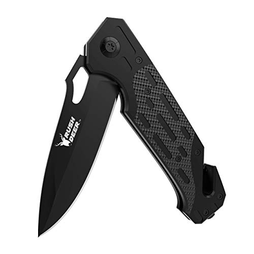 Rush Deer RG10 Folding Knife, Pocket Knife with clip, Glass Breaker, Seatbelt Cutter and Perfect for Survival Hiking Camping Work, Indoor and Outdoor Activities, Etc. Gift for Men Women (Black)