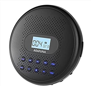 Portable CD Player with Dual Stereo Speakers, ARAFUNA Rechargeable CD Player Portable for Car, Anti-Skip Protection Walkman CD Player with Backlit Push Button & LCD Display, 3.5mm AUX Cable - Black