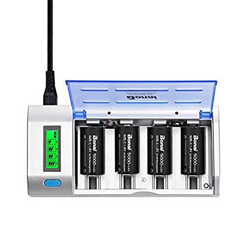 Rechargeable C Batteries with Charger, BONAI LCD Battery Charger for C D AA AAA 9V Ni-MH Ni-CD Rechargeable Batteries with 5000mAh C Rechargeable Cells (4-Counts)