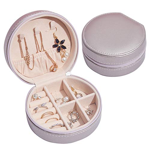 LETLIT Jewelry Organizer Box for Women & Girls Gift, Round Small Travel Jewelry Case, Necklaces Rings Earrings Holder (Champagne Gold)