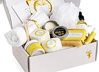 Spa Gift Set, Pampering Relaxing Box, Citrus Care Package for Women, Including 9 pc- Soap Bar, Facial Mask, Shower Streamer, Body Oil, Lip Balm, Towel, Soy Candle & Sponge by Lizush.