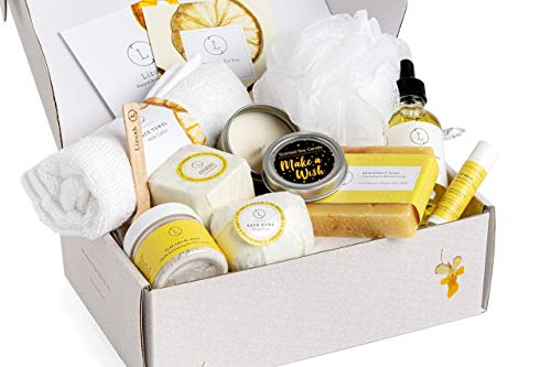 Spa Gift Set, Pampering Relaxing Box, Citrus Care Package for Women, Including 9 pc- Soap Bar, Facial Mask, Shower Streamer, Body Oil, Lip Balm, Towel, Soy Candle & Sponge by Lizush.