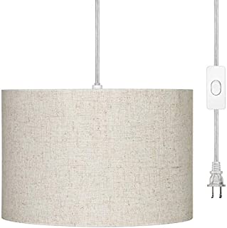 DEWENWILS Plug in Pendant Light, Hanging Light with 15ft Clear Cord, On/Off Switch, Beige Linen Shade, Hanging Light Fixture for Bedroom, Kitchen, Living Room, Dining Table