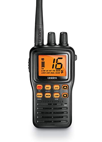 Uniden MHS75 Waterproof Handheld 2-Way VHF Marine radio, Submersible, Selectable 1/2.5/5 Watt Transmit Power. All USA/International and Canadian Marine Channels - Color Black