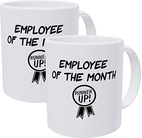 Willcallyou Employee Of The Month with Runner Up Badge Bundle Pack Of 2 Funny Coffee Mugs For Coworkers, 11 Ounces Sarcastic Mug For Office Humor And Coworker, White Elephant Exchange Gifts at Work