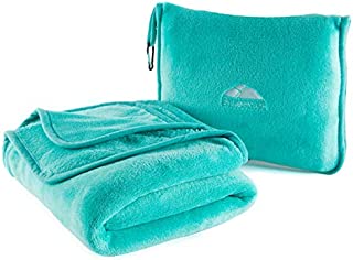 BlueHills Premium Soft Travel Blanket Pillow Airplane Blanket Packed in Soft Bag Pillowcase with Hand Luggage Belt and Backpack Clip, Compact Pack Large Blanket for Any Travel (Teal Green T006)