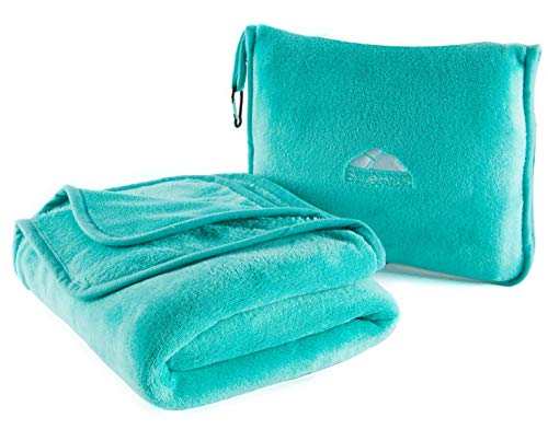 BlueHills Premium Soft Travel Blanket Pillow Airplane Blanket Packed in Soft Bag Pillowcase with Hand Luggage Belt and Backpack Clip, Compact Pack Large Blanket for Any Travel (Teal Green T006)