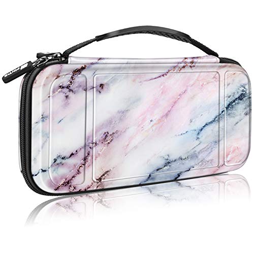 Fintie Carry Case for Nintendo Switch - [Shockproof] Hard Shell Protective Cover Travel Bag w/10 Game Card Slots, Inner Pocket for Nintendo Switch Console Joy-Con & Accessories, Marble Pink