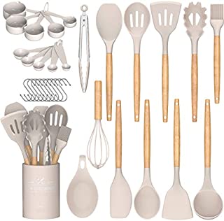 Umite Chef Kitchen Cooking Utensils Set, 24 pcs Non-stick Silicone Cooking Kitchen Utensils Spatula Set with Holder, Wooden Handle Heat Resistant Silicone Kitchen Gadgets Utensil Set (Khaki)