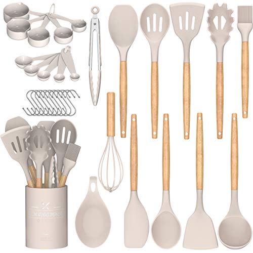 Umite Chef Kitchen Cooking Utensils Set, 24 pcs Non-stick Silicone Cooking Kitchen Utensils Spatula Set with Holder, Wooden Handle Heat Resistant Silicone Kitchen Gadgets Utensil Set (Khaki)