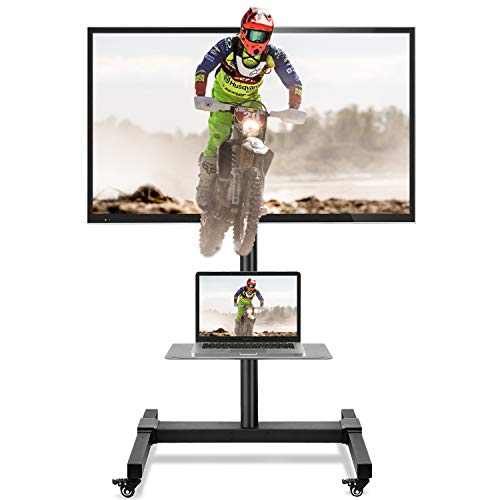 5Rcom Mobile TV Cart Large Rolling TV Stand with Wheels Height Adjustable for 32 37 40 47 50 55 60 65 70 Inch Flat Screen/Curved TVs Monitors Portable TV Floor Stand with Laptop Shelf Display Trolley