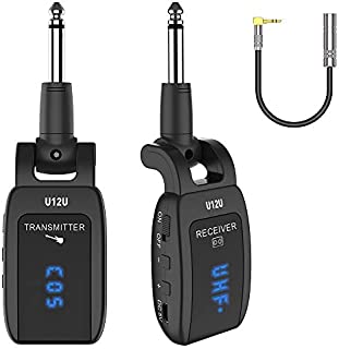 UHF Wireless Guitar Transmission System Rechargeable 15 Channels Upgrated Audio Transmitter Receiver for Electric Guitar Bass Keyboard with Stereo Jack Cable Adapter